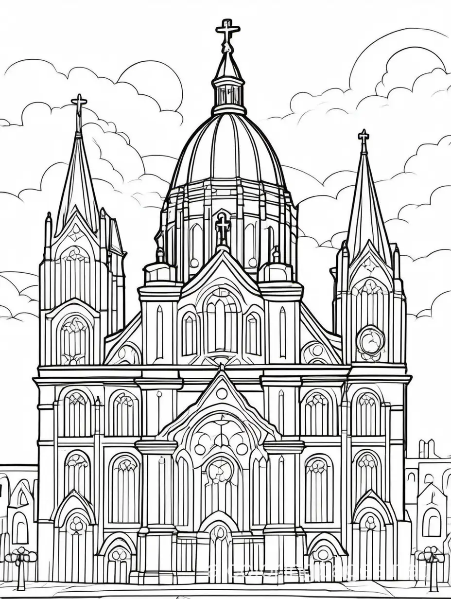 a big beautiful cathedral that is catholic with a telescope on the roof, Coloring Page, black and white, line art, white background, Simplicity, Ample White Space. The background of the coloring page is plain white to make it easy for young children to color within the lines. The outlines of all the subjects are easy to distinguish, making it simple for kids to color without too much difficulty