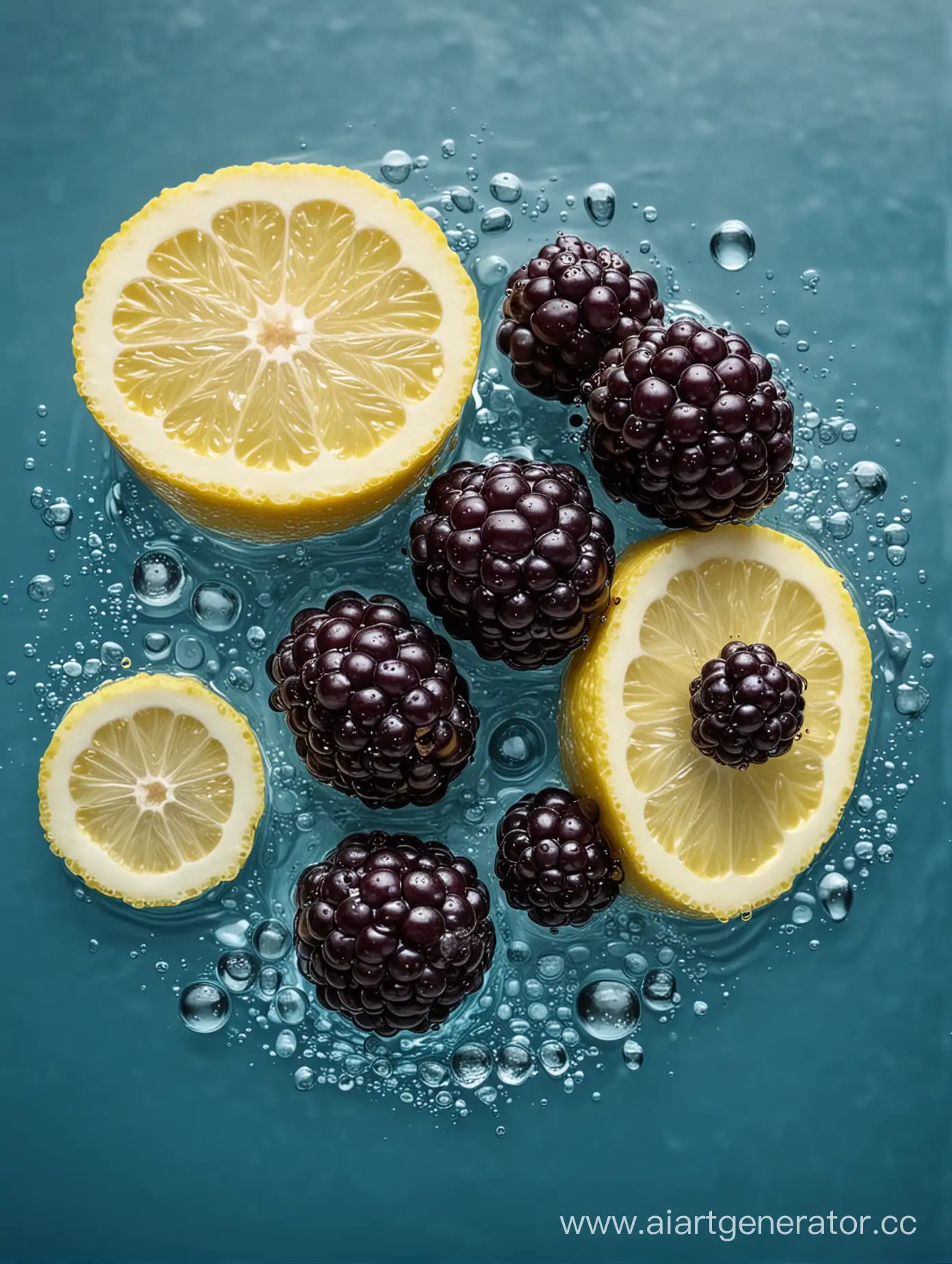 Boysenberry-with-Lemon-Slices-in-Blue-Water-Refreshing-Fruitscape-Macro-Photography
