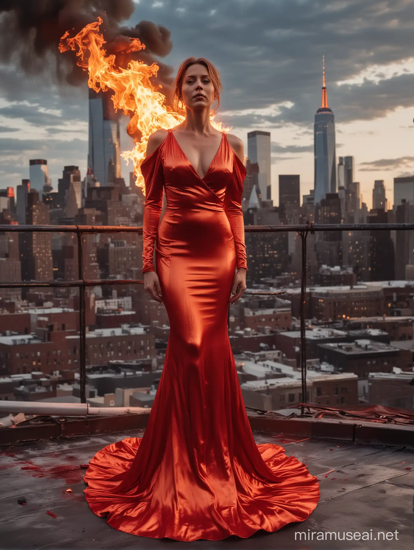 A 35-year-old woman in a burning satin dress with red slits poses on the roof. The woman's dress and shoulders are burning. The woman is in flames. The woman looks calm and strong while burning. The background is New York.