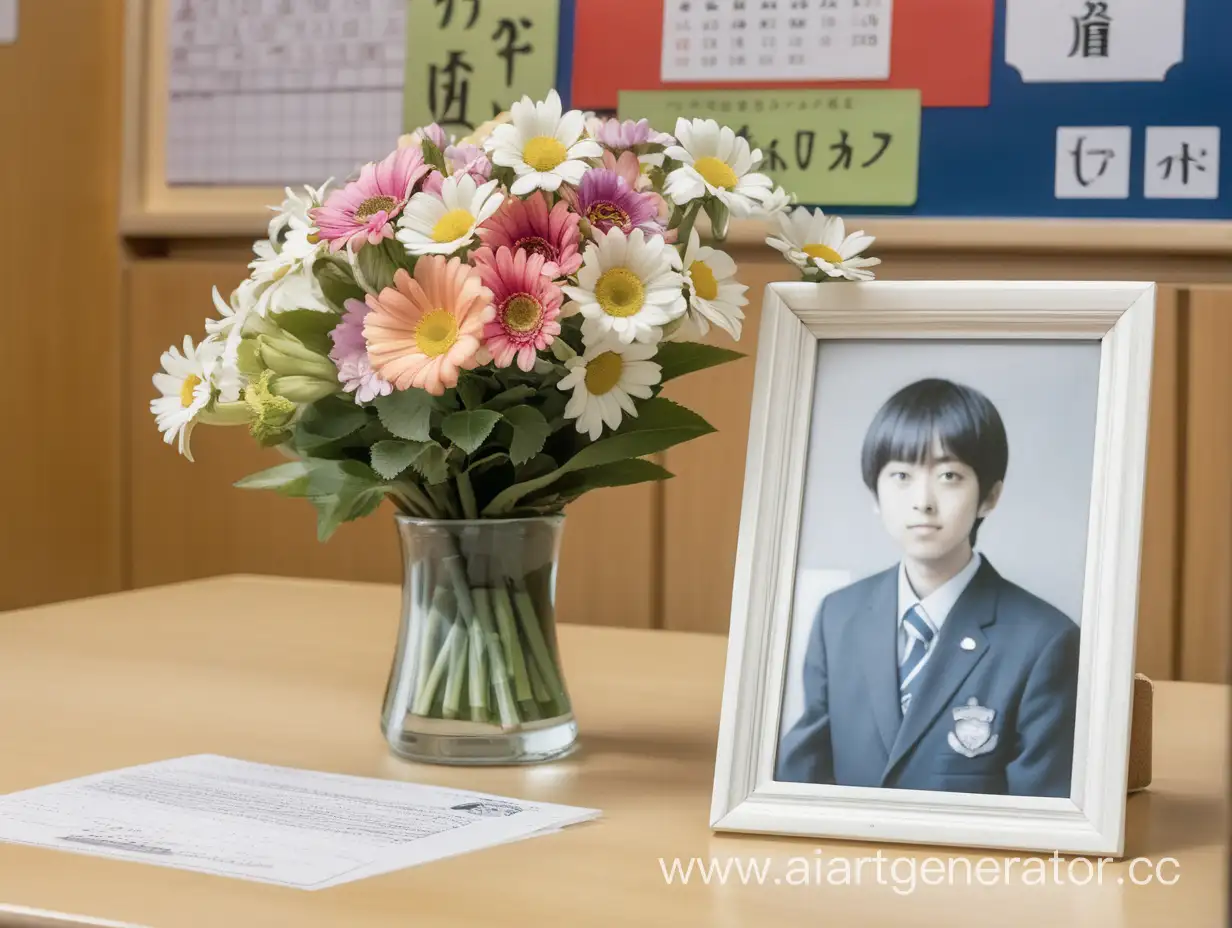 букет цветов и рамка с фотографией на одной парте в школьном классе в Японии