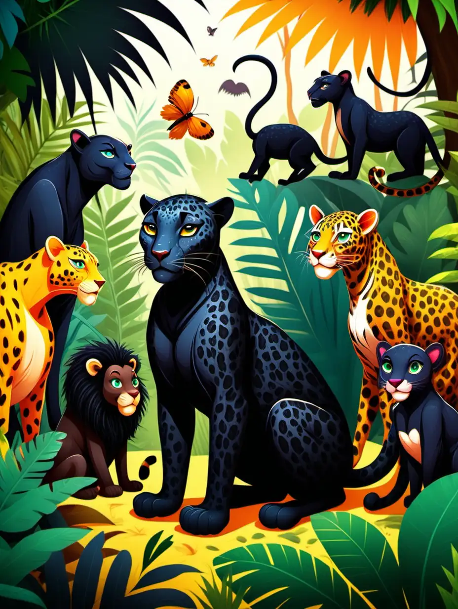 a kind black leopard sitting with all the other jungle animals in the jungle (For a Children's book)