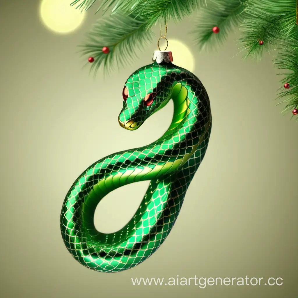 a green shiny beautiful kind snake is depicted on a Christmas tree decoration