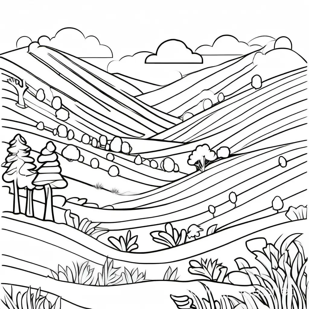 Warm colored landscape, Coloring Page, black and white, line art, white background, Simplicity, Ample White Space. The background of the coloring page is plain white to make it easy for young children to color within the lines. The outlines of all the subjects are easy to distinguish, making it simple for kids to color without too much difficulty