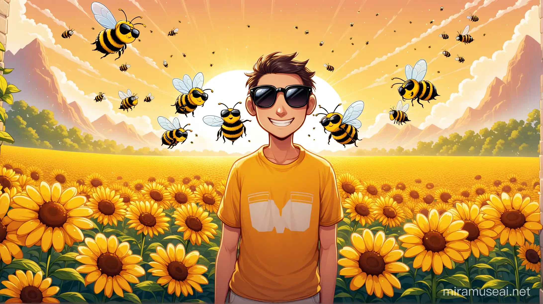 Colorful Cartoon Bees in Sunglasses Greeting Newcomer