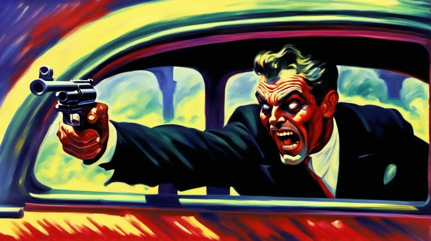 An evil man wearing black leaning out of a car window, circa 1945, shooting a shotgun. Impressionism style, bright colors.