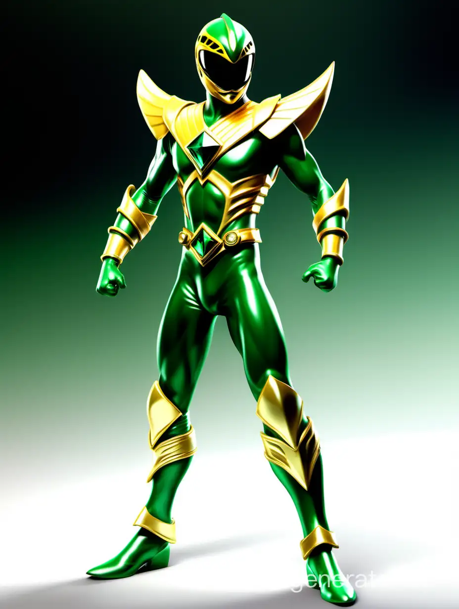 power rangers mystic force green, gold accents, emerald gemstone, heroic pose, photo realistic