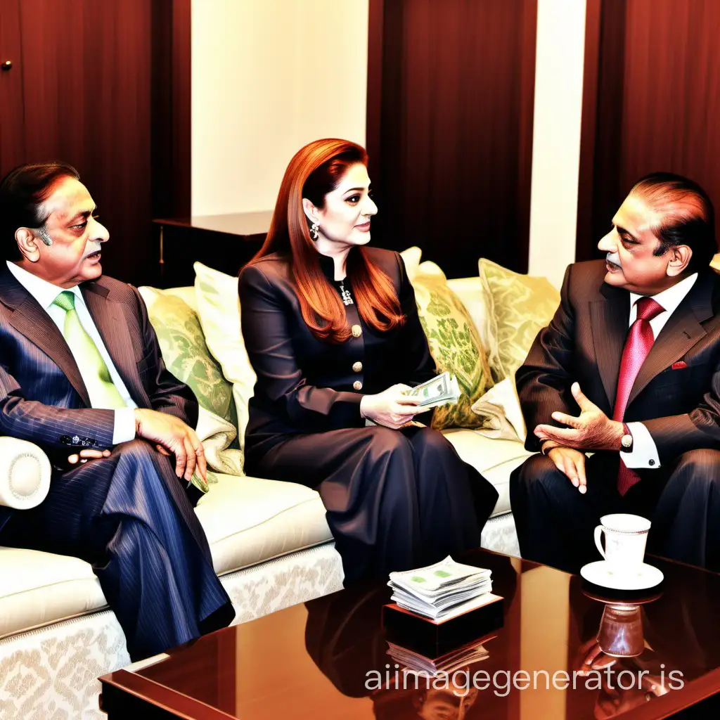 Create a picture in which Asif Ali Zardari, Nawaz Sharif, Shehbaz Sharif and Maryam Nawaz are sitting together talking about stealing money. There should also be a picture of money in the background