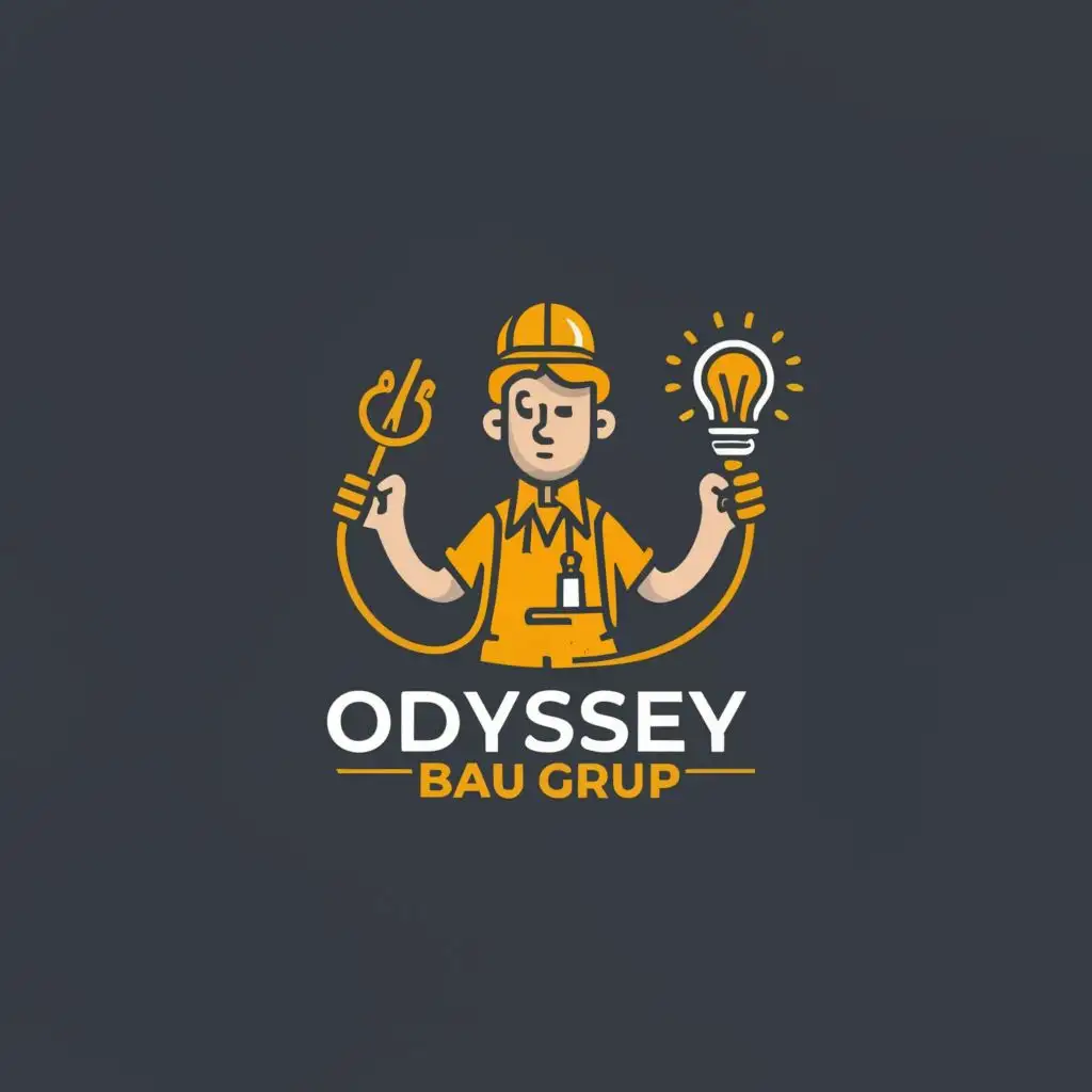 logo, A man working as an electrician  holds a light bulb in one hand and a piece of wire in the other., with the text "Odyssey Bau Group", typography