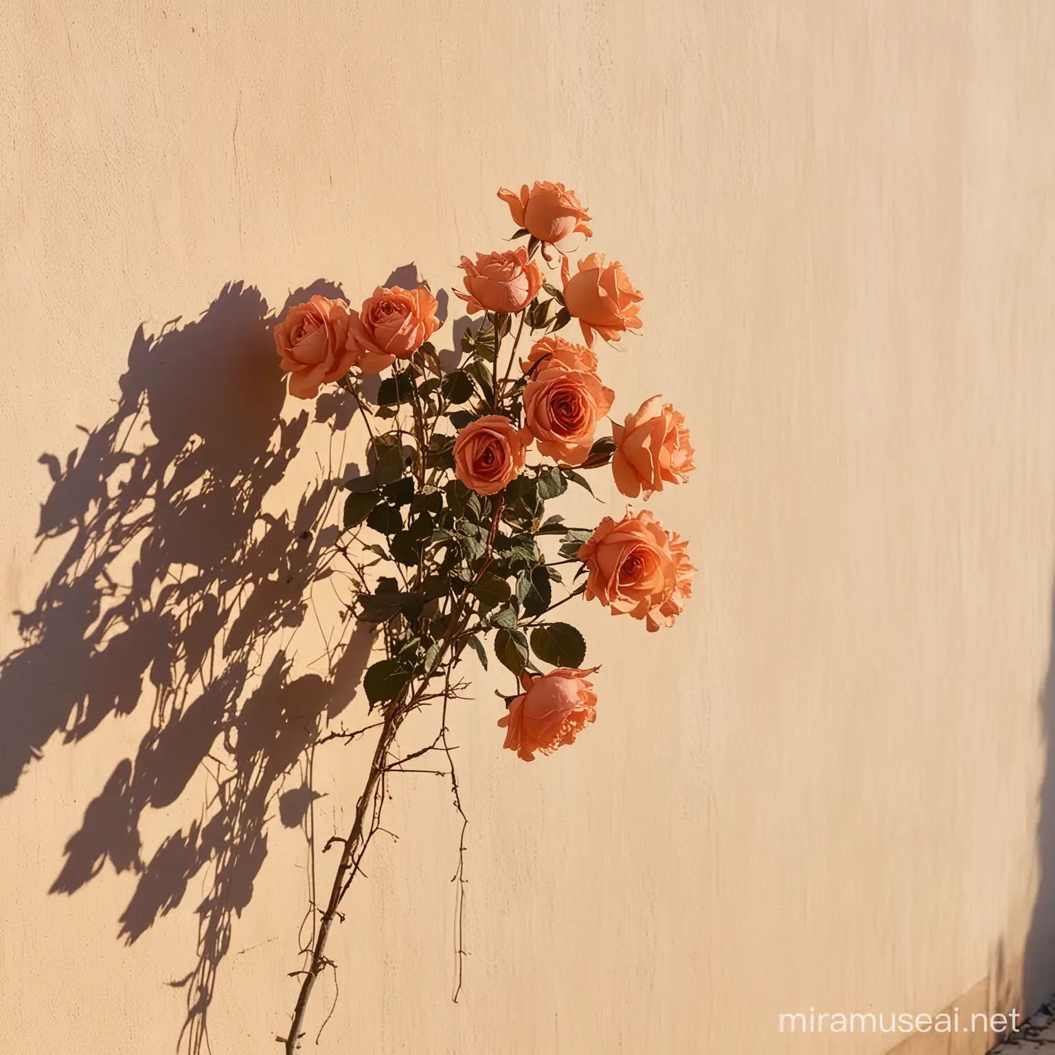 A picture of a Bunch of Dry rose and Its shadow falling on a wall , colour tone is of Sunset.