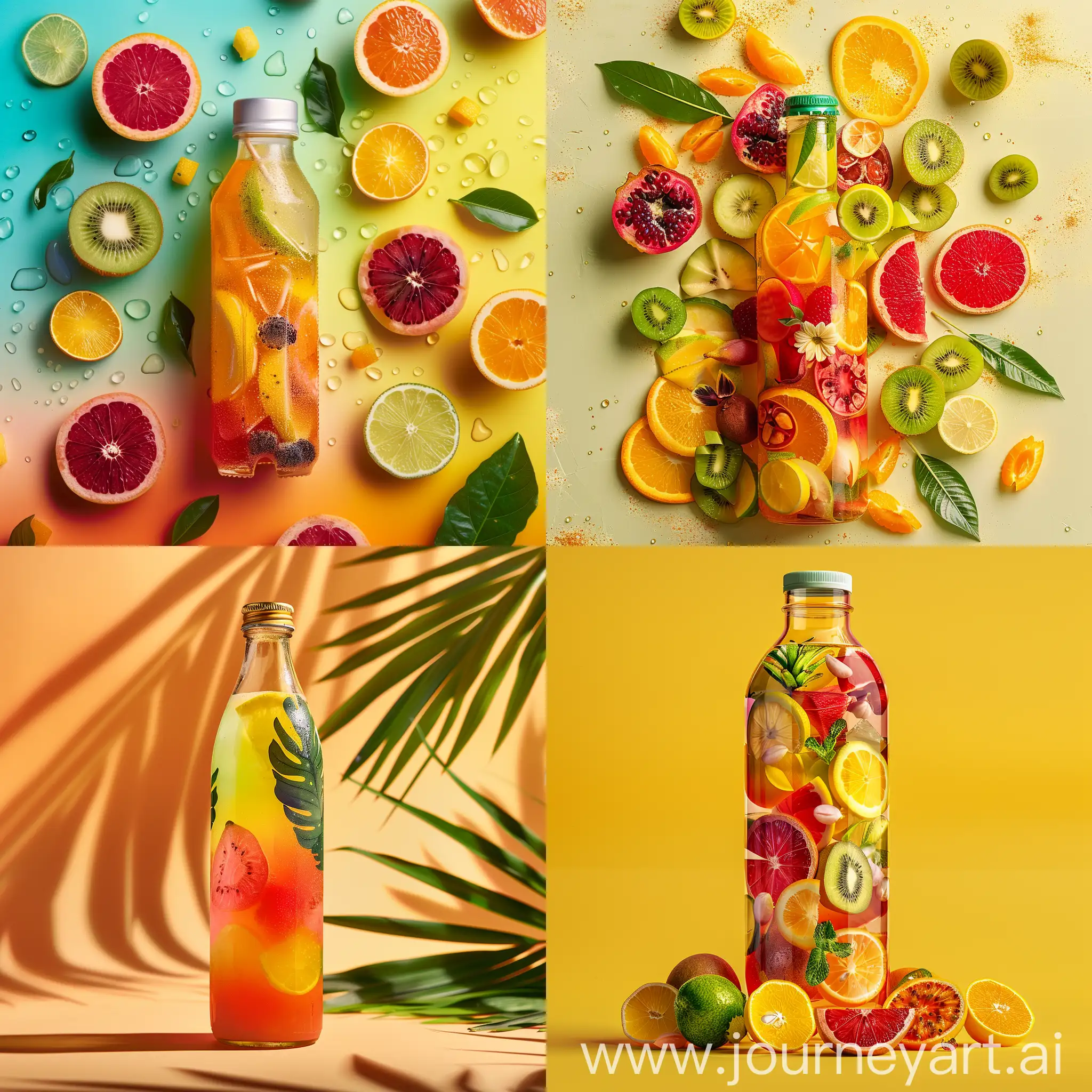 a promo photo of an exotic fruit drink bottle with vibrant colors