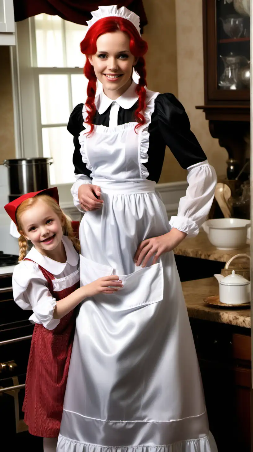 girls in long crystal silk   retro victorian maid gown with apron and peter pan colar and long and short sleeves costume and milf mothers long blonde and red hair,black hair rachel macadams  smile in house