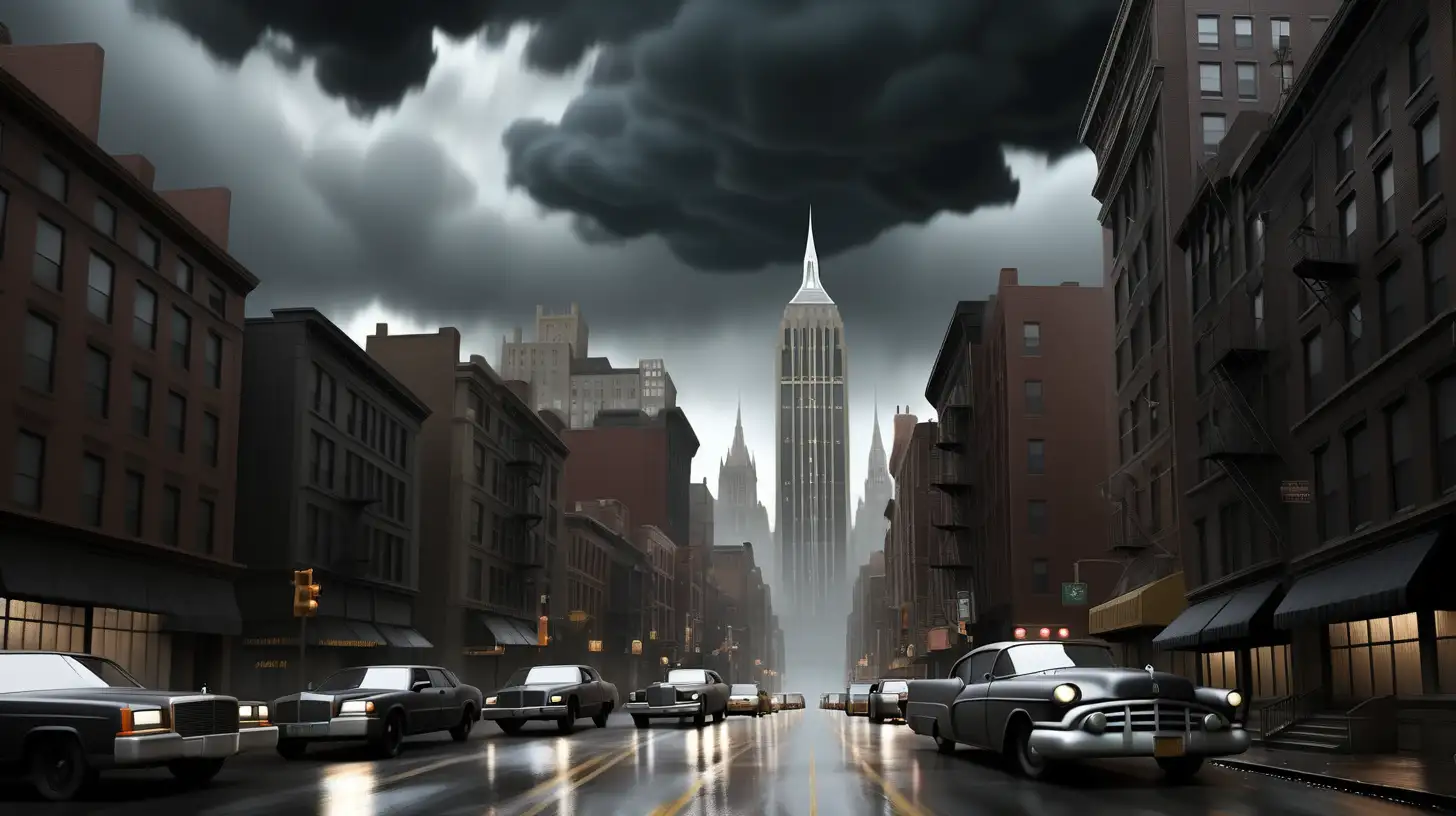 Create a ground-level panning view of the sky over Gotham City, depicting brooding dark clouds and an atmosphere filled with tension. Utilize cinematic elements to evoke the iconic and dramatic feel of Gotham, setting the stage for a suspenseful narrative.