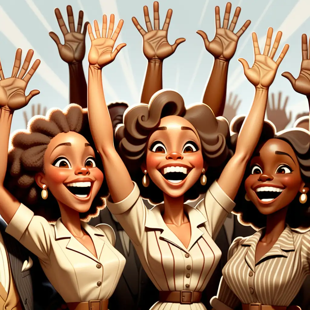 1900s cartoon-style light-skinned African Americans raising their hands celebrating and smiling 