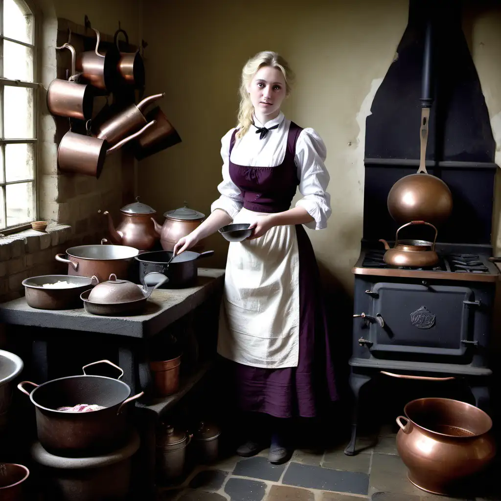 A very attractive tall blonde woman in her early 20s with large breasts, in the Victorian period, she is wearing a dark plum coloured dress and a white apron, she is making dinner on an old stove in a kitchen from the 19th century with huge copper pans and kettles, she is standing on a smart stone flag floor and is surrounded by old pots and pans