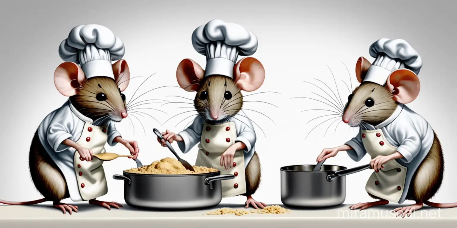 mice cooking together, in neutral background 