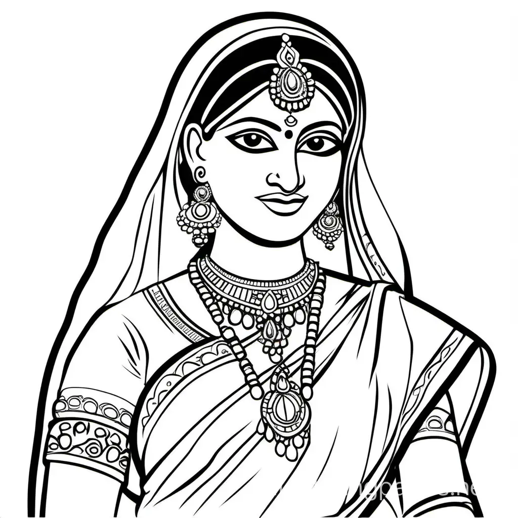 indian queen wearing saree, Coloring Page, black and white, line art, white background, Simplicity, Ample White Space. The background of the coloring page is plain white to make it easy for young children to color within the lines. The outlines of all the subjects are easy to distinguish, making it simple for kids to color without too much difficulty