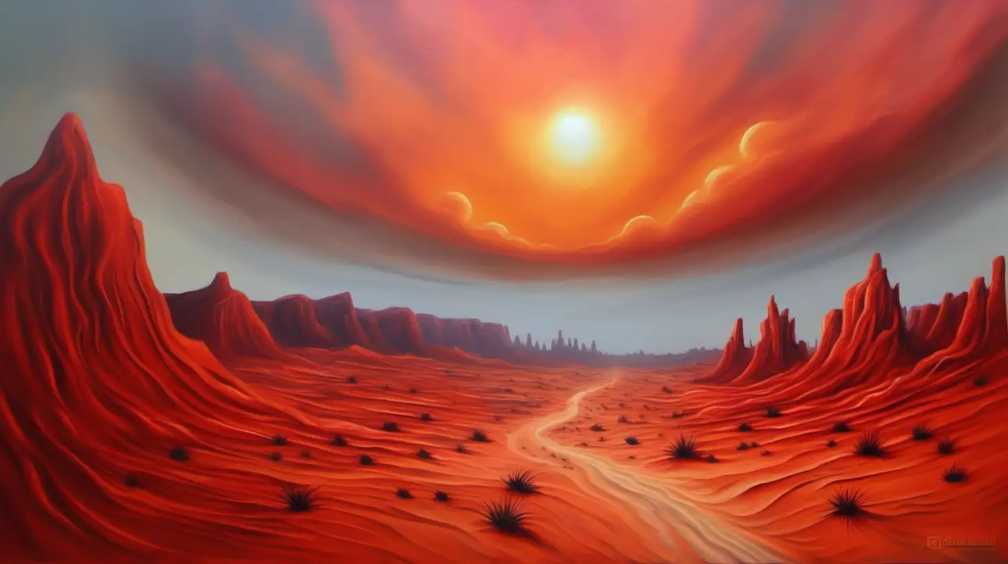 Red sand desert, orange sun, somber atmosphere, baking heat, fantasy desert, oil painting, landscape