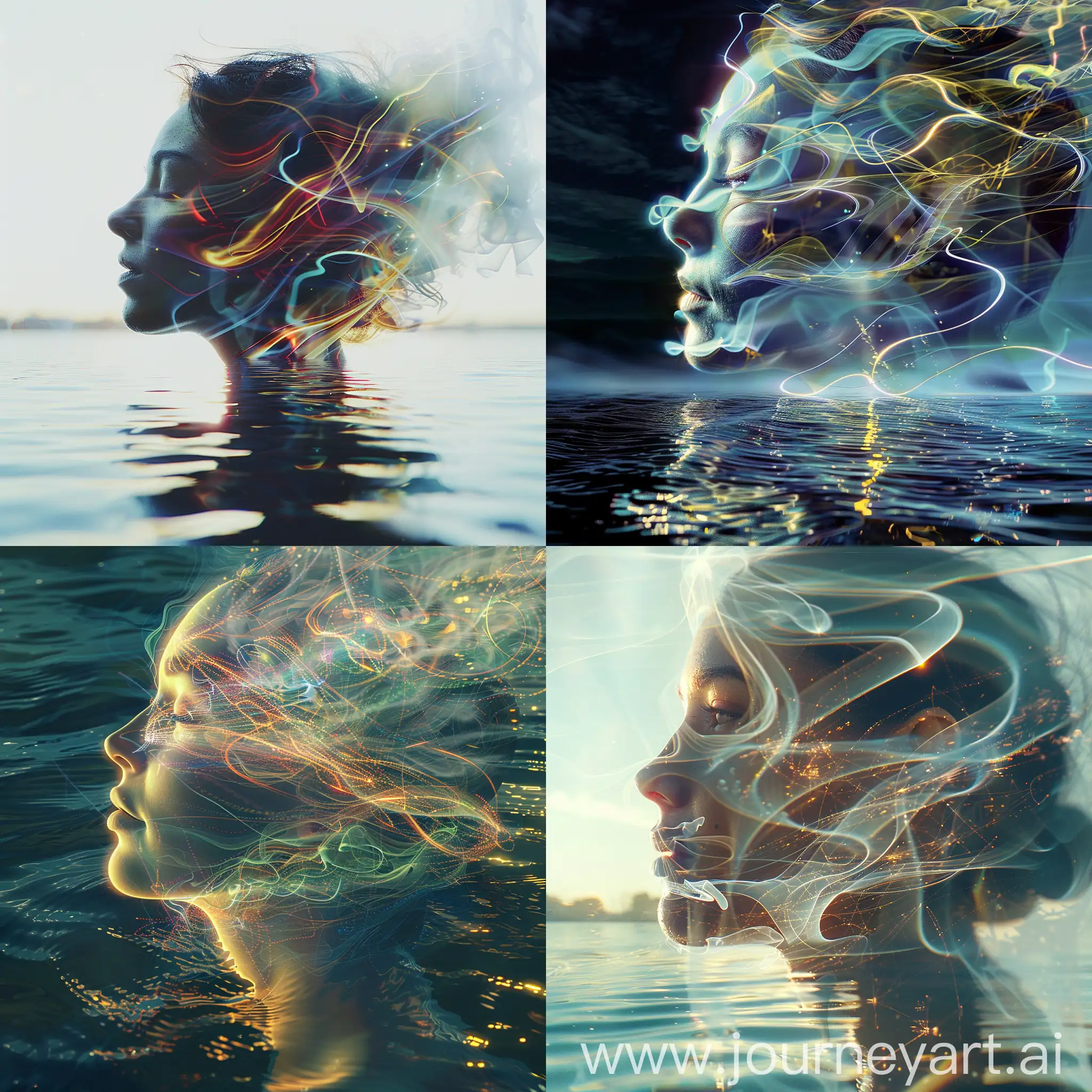 Beautiful face in profile over water, on a bright summer day with hair made of light ribbons, fractal of smoke and light, holography, long exposure, double exposure, motion blur, glitch effect, traces of movement, UV lighting, DoF, double exposure, modern, macro, ICM, 128k