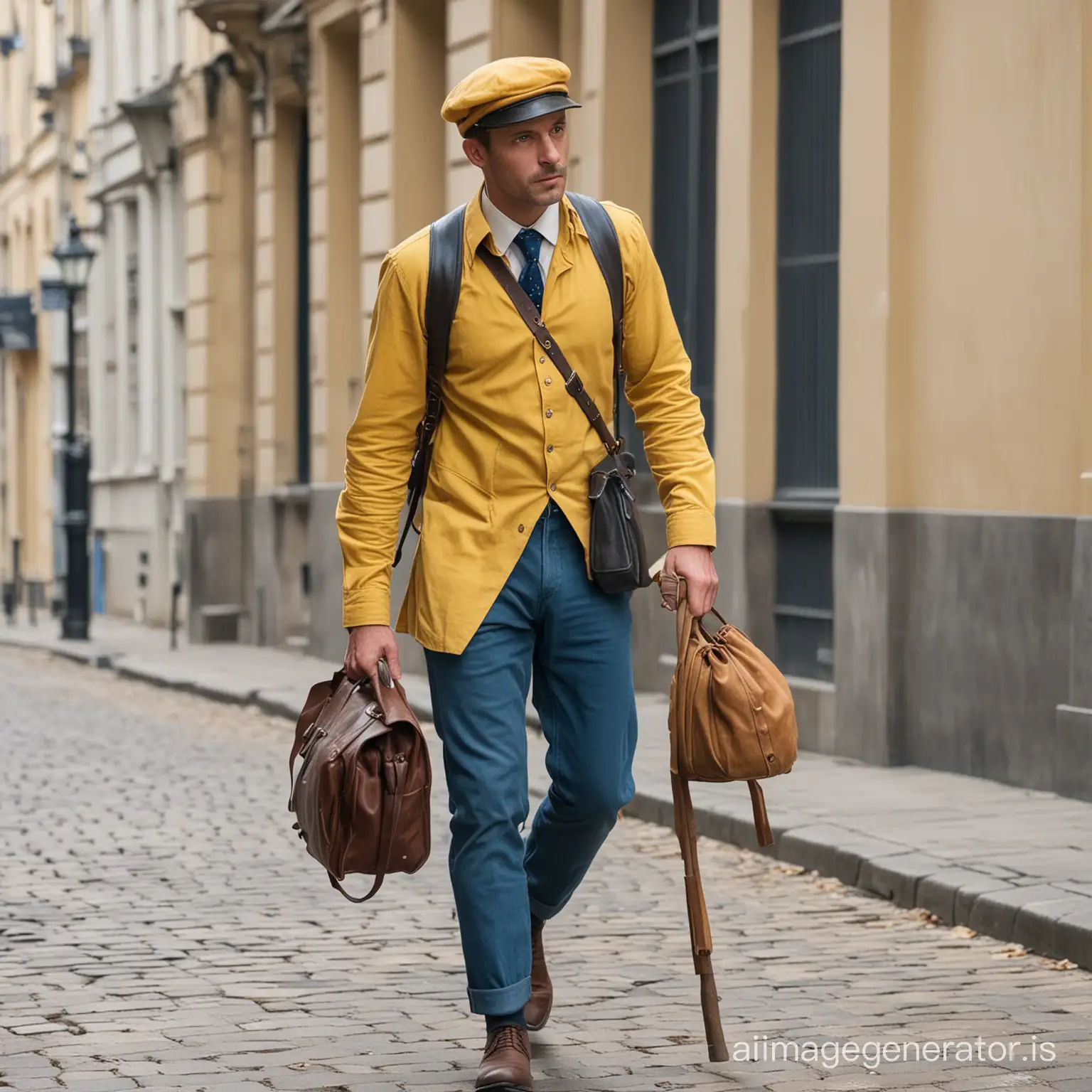 a man of the 19th century is walking in the city, medium height, 50 years old, a leather visor cap, a yellow cotton shirt, a tie, blue trousers with a hole in one knee, a grey blouse, a full soldier's bag on his back, a stick