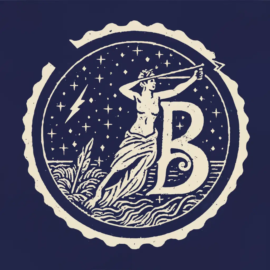 a logo design,with the text "B", main symbol:a circular stamp, inside a Greek muse shooting a comet from a bow in a starry night sky,Moderate,clear background