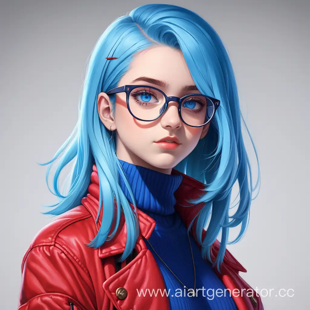 Девушка с голубыми глазами, синими волосами с красной прядью, в очках, в красной водолазке, в пиджаке