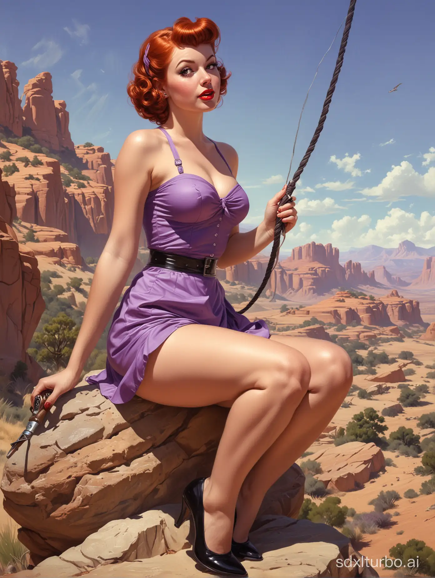 a photorealistic picture of a woman sitting on a rock, a portrait, by Gil Elvgren, trending on cg society, pop surrealism, holding a whip, some purple, ( redhead, cushart krenz key art feminine, saws, portrait of mischievous, simon, swings, pinup art, gil elvgren style, pinup girl, pinup,  pin-up poster girl, girl pinup, pinup model