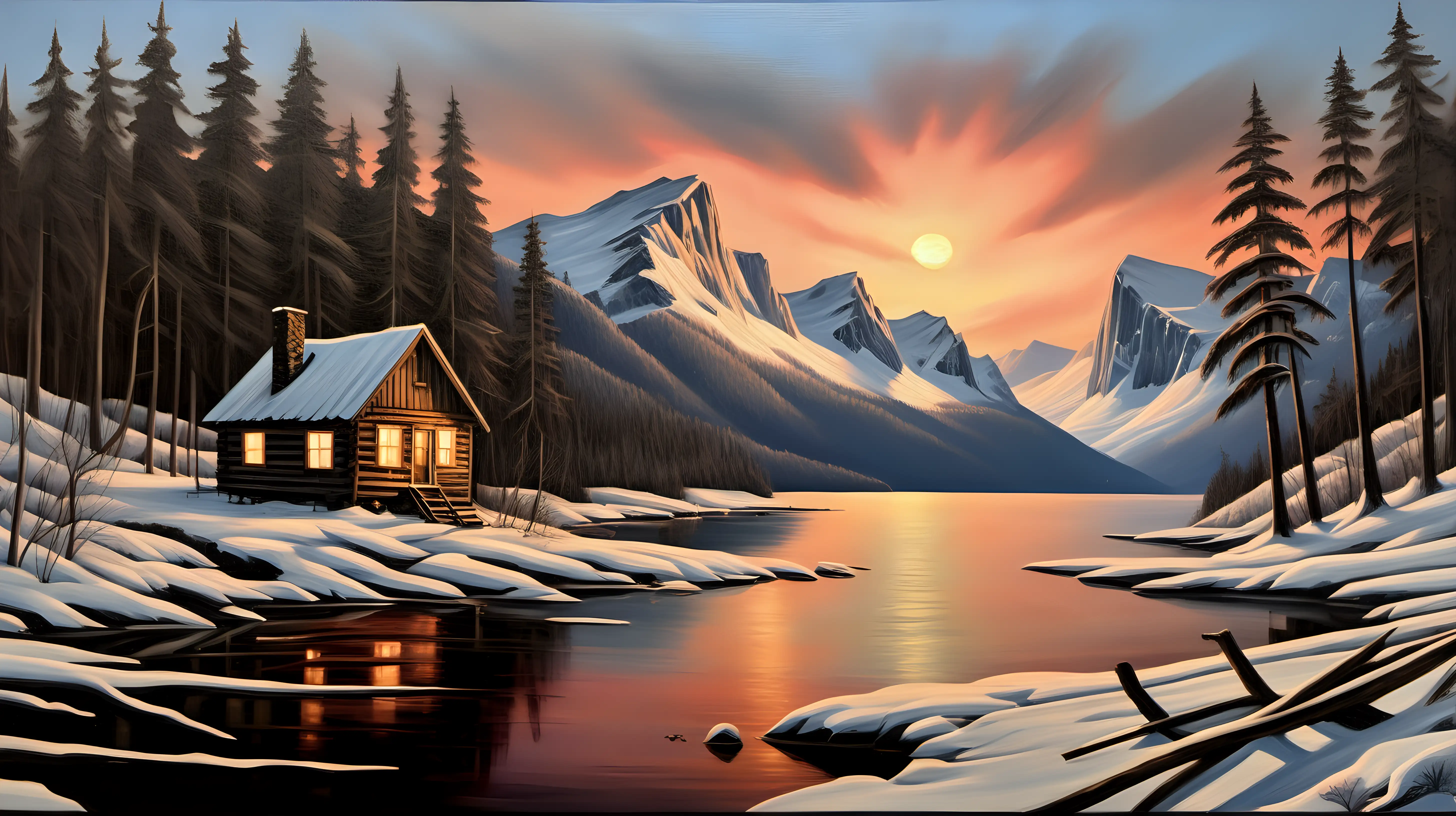 OIL PAINTING OF  OLD CABIN  IN BAY, SNOW, WINTER,  HEAVY WOODS,   SUNSET, NO CLOUDS, WEEDS,     MOUNTAINS, FOREST, TREES