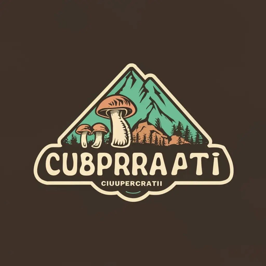 logo, Mountain enclosed in a mushroom, with the text "CiuperCarpati", typography is elegant with gold text