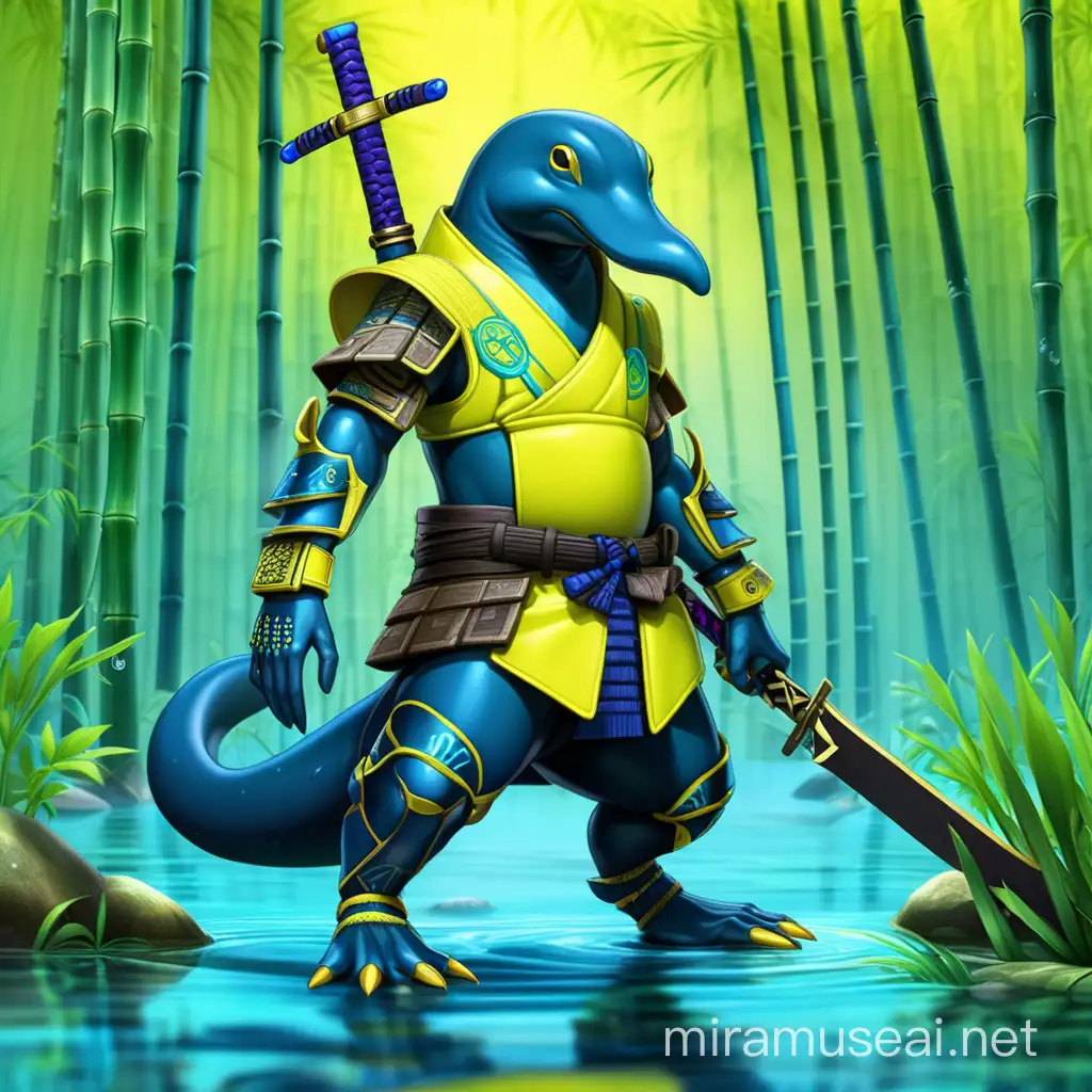 Platypus techno-samurai
appreane- full body/neon yellow/blue/ platypus-rune lines/samurai-armor/ platypus-body(bill/tail)/3-swords/
background-bamboo/noir/forest/water/swamp