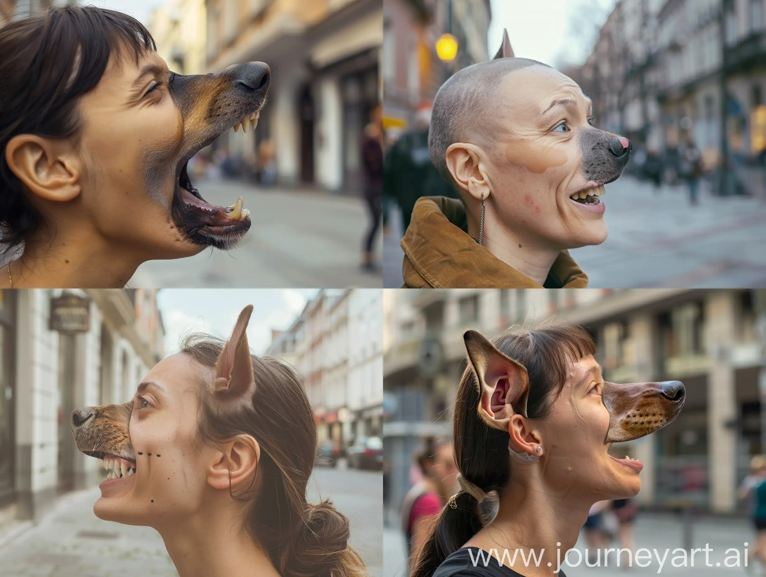 side profile photo of a european female model. her nose is transitioned dog nose and she only has human skin and sharp ear howling at the moon while standing on a street. Talking. her nasal region is stretched. Human philtrum, Human nose. Happy expression.