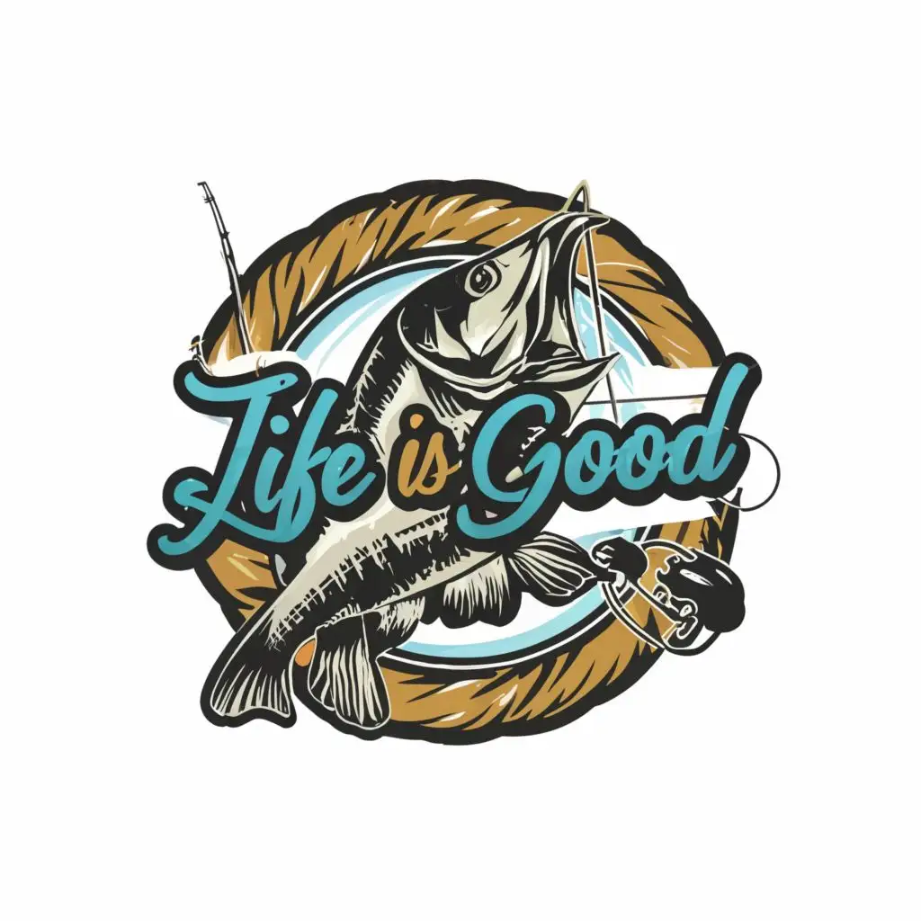 logo, logo t-shirt vector fishing style, transparent background, Contour, Vector, crisp image, White Background, no words,  ultra  Detailed image ,  ultra sharp narrow black outlined image, no jagged edges,  vibrant colors, Large Image,  with the text "Life Is Good"  typography,, with the text ".", typography