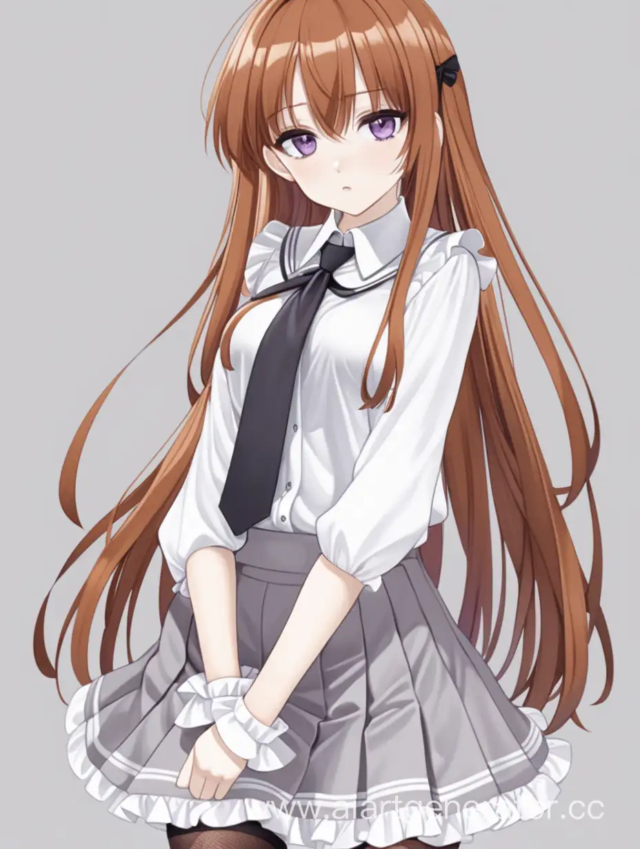 аниме девочка с русыми прямыми волосами, нежно-фиолетовыми глазами в белой блузке с рюшами и длинным воротником, в короткой серой юбке и белых чулках