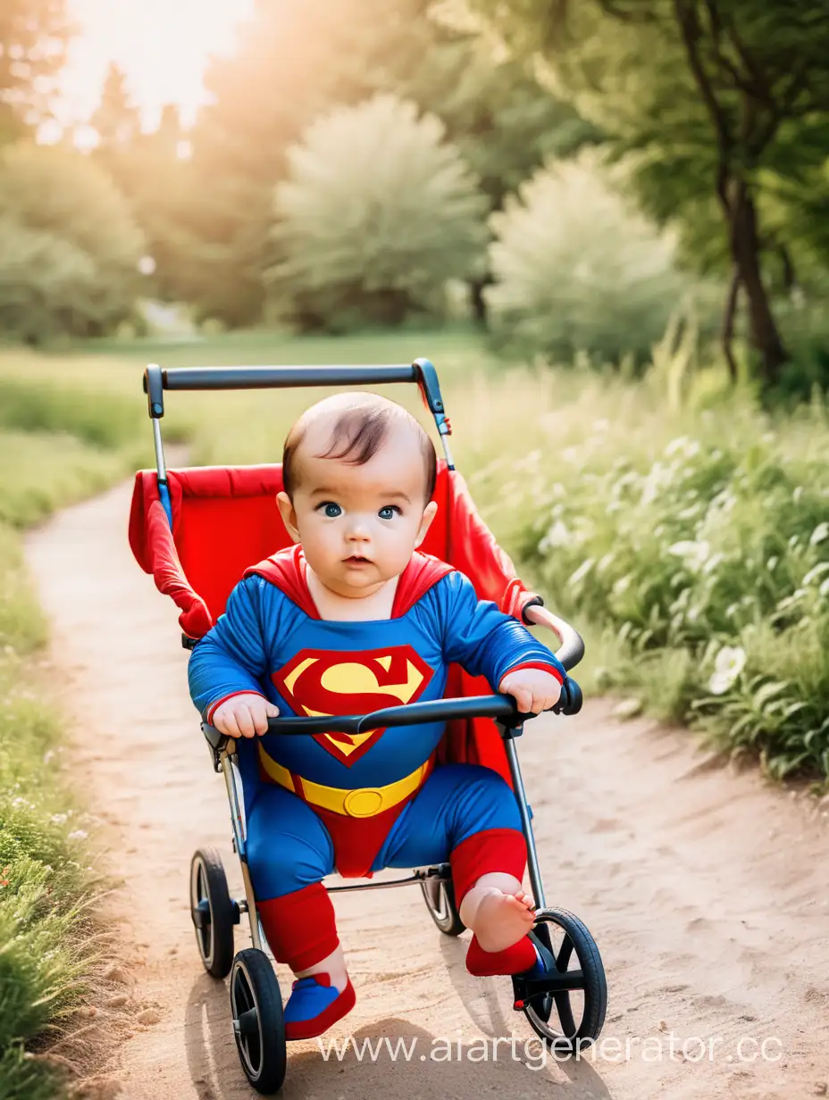 A baby in a superman costume, riding a stroller, nature backgroun