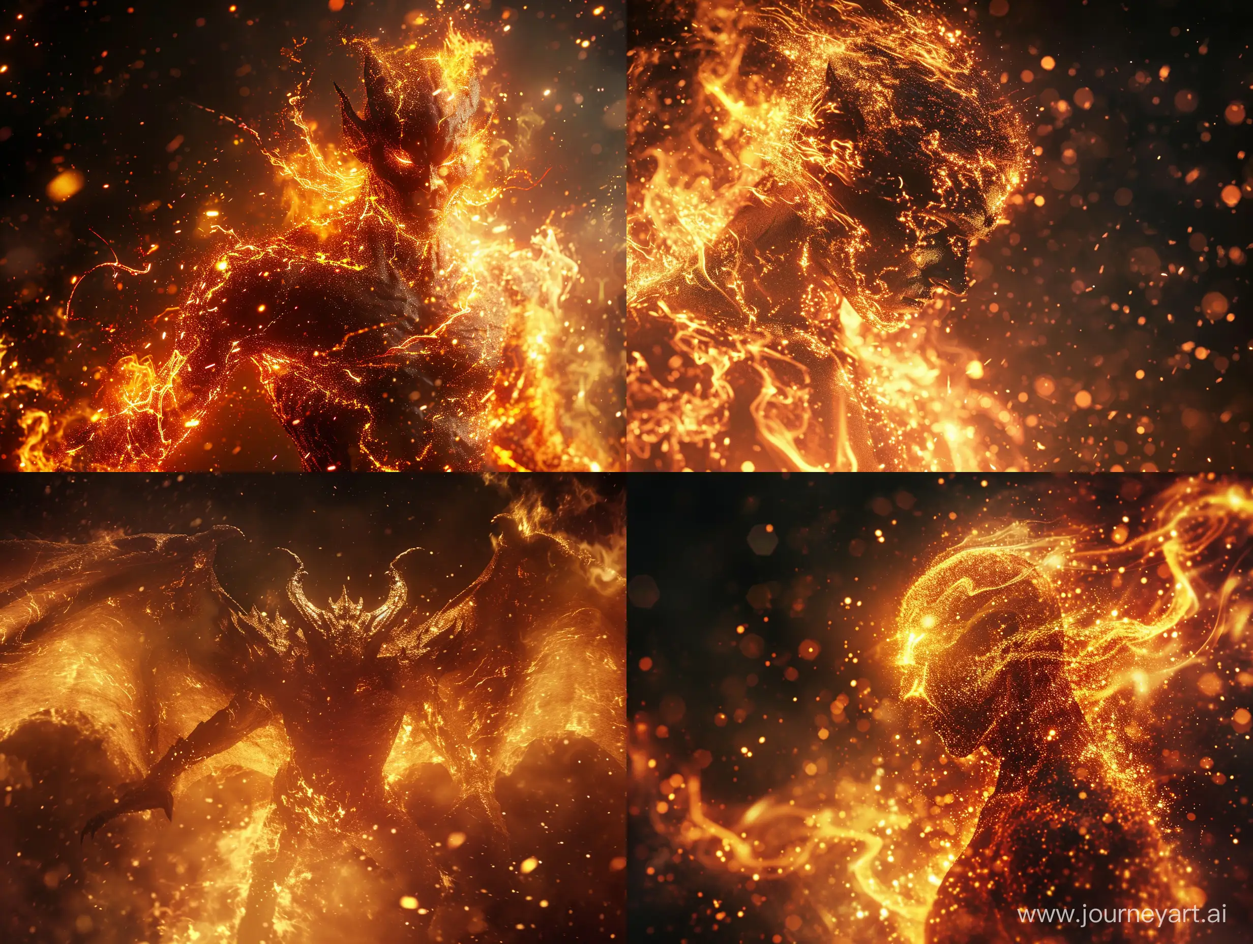 The Hell DemonImagine a creature of the underworld, a hell demon imbued with the vivid and volatile allure of fire particles. This widespread apparition is not only terrifying but also entrancing, its gleaming form captured through a high-quality DSLR camera.