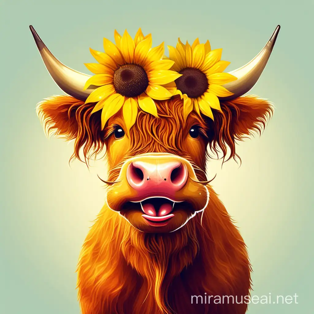 create an illustration funny Scottish Highland Cow with a tongue touching its nose head sunflower