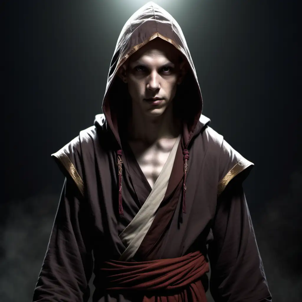 thin, half-elf, light skinned monk in shadowy, hooded robes. shaved head.