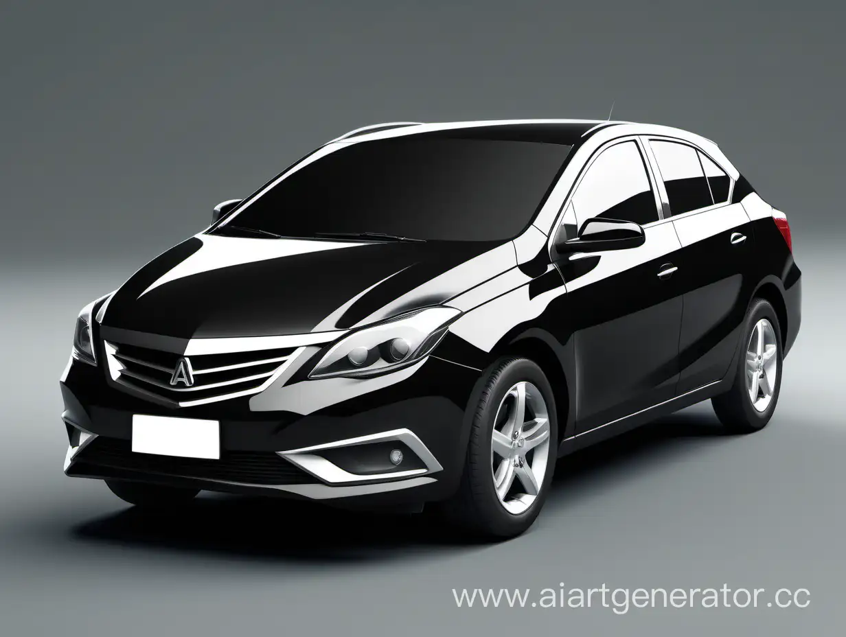 A modern economy class car, black in color, angular shapes, uncomplicated design, front photo