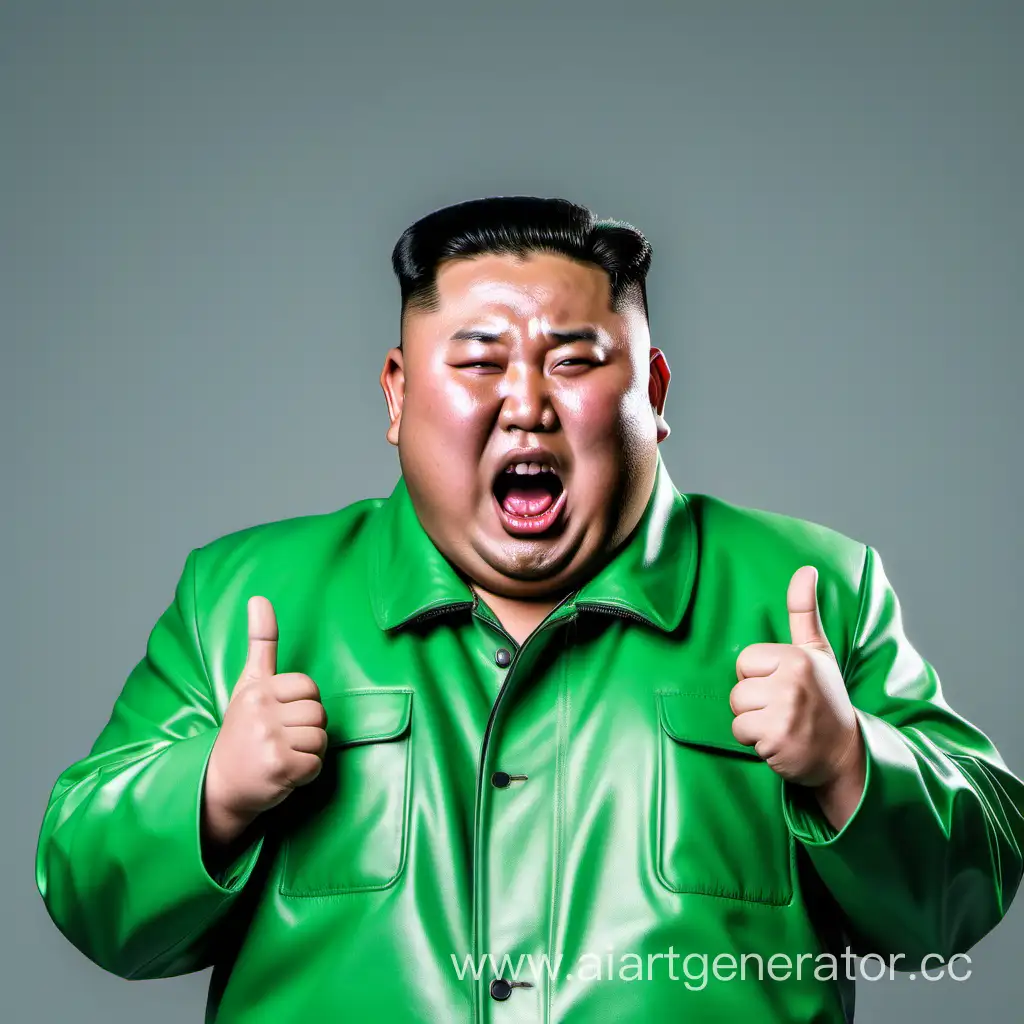 Fat Indonesian man looks like Kim Jong Un wearing a green Gojek driver's jacket with an angry expression his mouth open wide Covering his eyes with hand