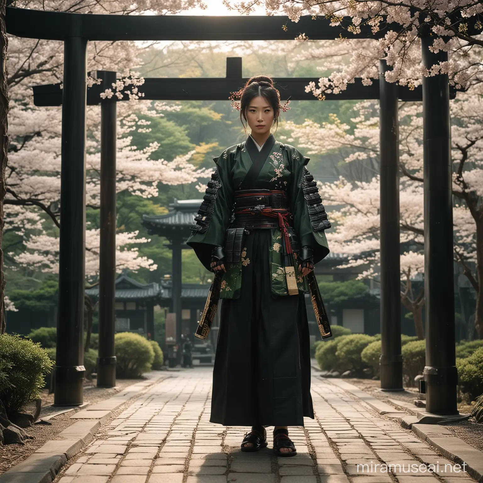 Character: A striking female samurai dressed in shiny black and green ō-yoroi armor, showing off both beauty and power. The armor's detailed design adds depth to her character. Environment: A peaceful Japanese Temple surrounded by blooming cherry blossom trees. The temple's detailed architecture is clearly shown, enhancing its grand scale. Background: The front view of a symmetrical Japanese Temple, providing a fitting backdrop. The sharp lines and patterns add depth to the overall view. Style: A blend of traditional Samurai and modern fashion in a black and green ō-yoroi style. The mix of old and new is clearly showcased. Photography Type: Cinematic Fashion Editorial that captures the essence of the ō-yoroi Samurai Warrior. Every detail is carefully captured to tell a visually appealing story. Theme: A campaign celebrating the ō-yoroi Samurai Warrior, showcasing the blend of tradition and modernity. The theme is meticulously detailed, allowing viewers to immerse themselves in the samurai world. Visual Filters: Enhanced with a Fashion Film Look-Up Table (LUT), adding depth to the visual story. The LUT improves the image's clarity and cinematic quality. Camera Effects: Subtle blur and haze effects are added along with a Cinematic Film Lut, enhancing the depth and adding atmosphere to the scene. Time: Evening time adds a calm and charming ambiance to the scene. The soft lights highlight the scene's details. Resolution: Captured in high resolution to preserve every detail. The high resolution enhances the viewing experience. Key Element: The black and green ō-yoroi technical textile, a highlight of the outfit, displays exquisite craftsmanship. The armor's details are clearly shown. Details: Detailed embellishments on the black and green ō-yoroi armor's textile catch and reflect light, adding depth to the visual story. Every detail, from the smallest to the overall character's silhouette, is carefully shown, creating a visually and emotionally appealing image.