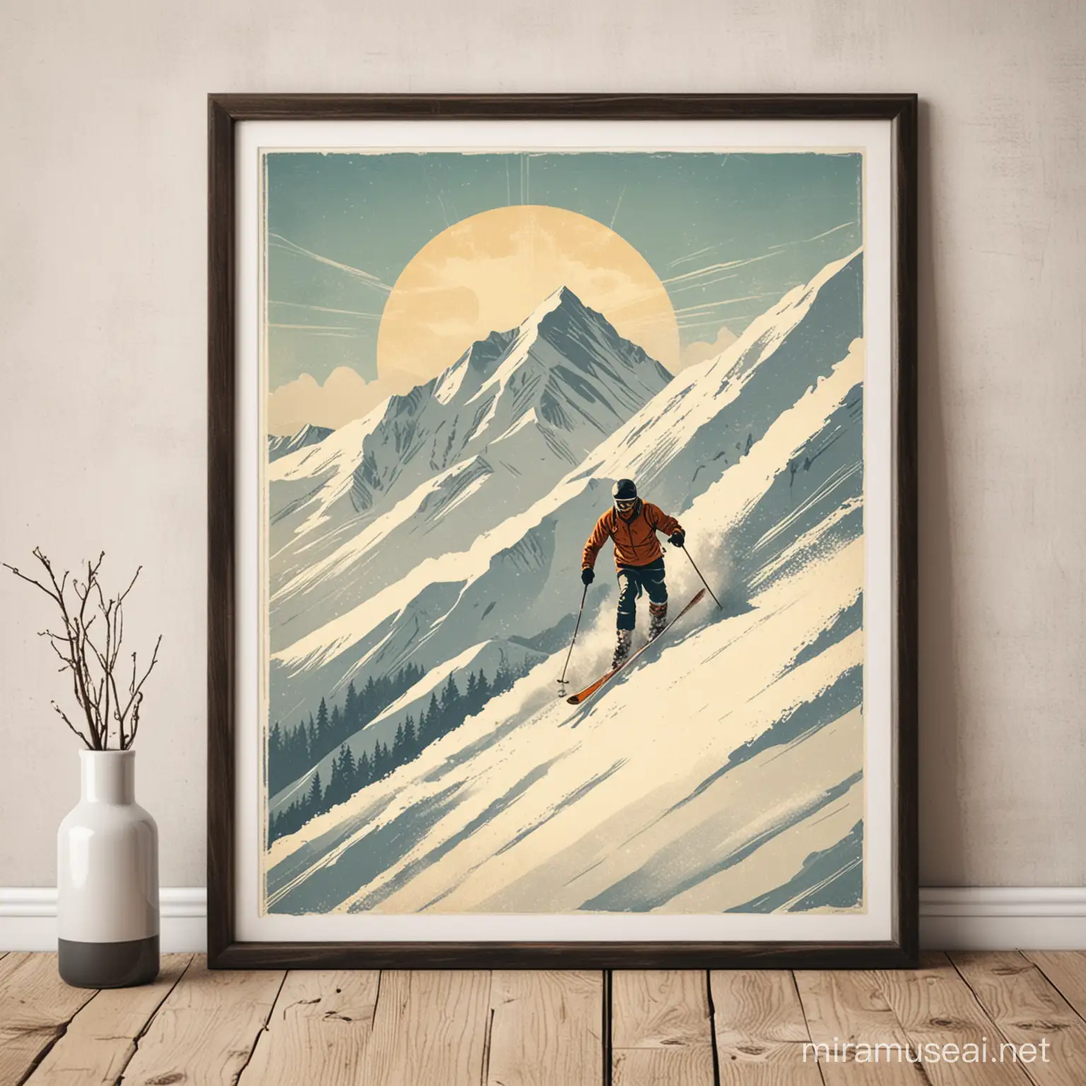 Simple retro ski art print of a skier skiing down a mountain 