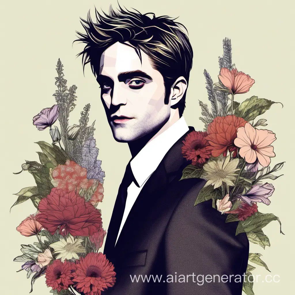 Celebrity-Robert-Pattinson-Holding-Bouquet-of-Colorful-Flowers