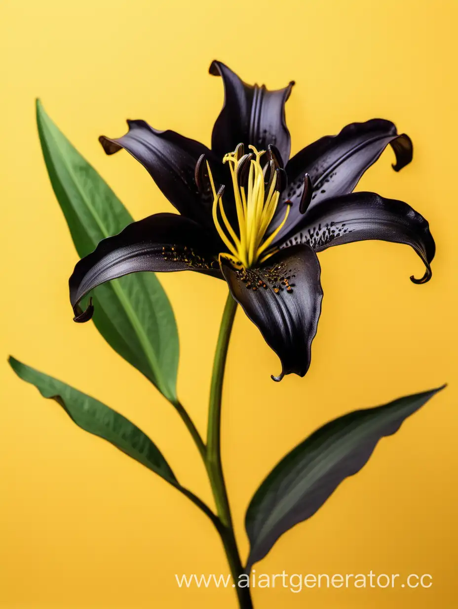 Vibrant-Botanical-Black-Lily-Flower-Blossoming-Against-Sunlit-Yellow-Background