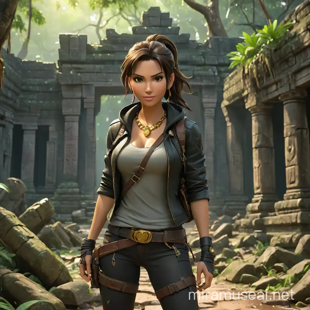 masterpiece, best quality, portrait, 1Lara Croft, very proud, exploring ruins temples, gold idol statue, hd smile, ponytail black hair, solo, no human, jeans, black leather jacket with hood, jade jewel necklace, weapon belt, dr. martens boots, background, angkor vat temples, many tree roots inside ruins, jungle, forest, 