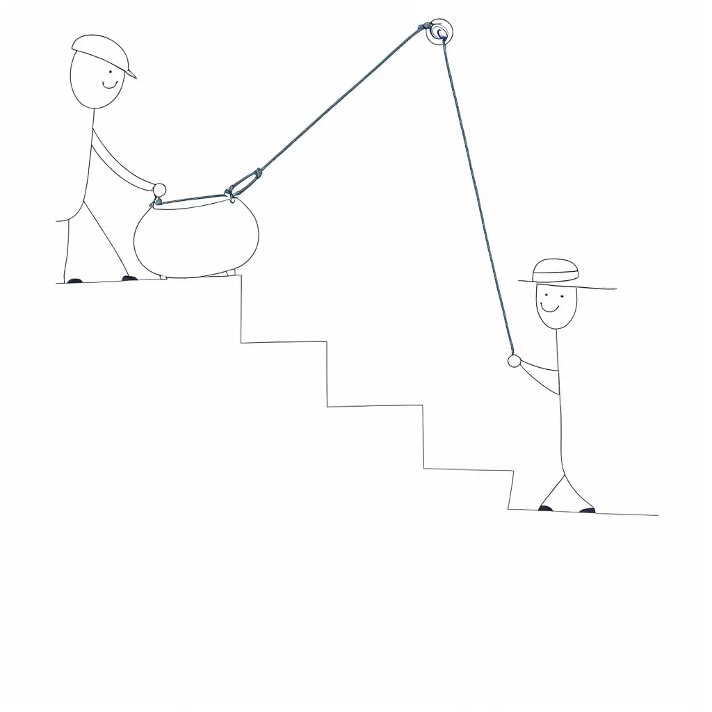 two man are using a makeshift pulley with a rope, one below the stairs is acting as a counterweight while other person on top of stairs is pushing the 800 pound material below the stairs. create a sketch like image or improve this sketch
