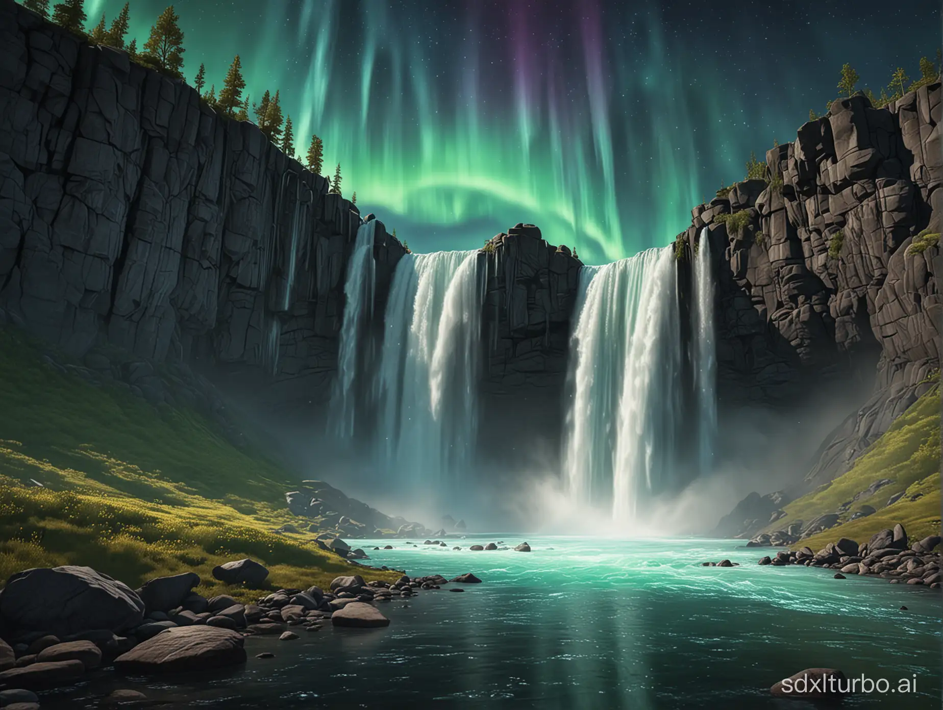 realistic, waterfall made of aurora borealis