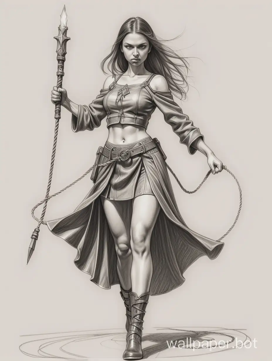 High-Detail-Pencil-Drawing-of-a-Girl-Mage-in-Combat-Stance-with-Metallic-Skirt-and-Protective-Shoulder-Guard