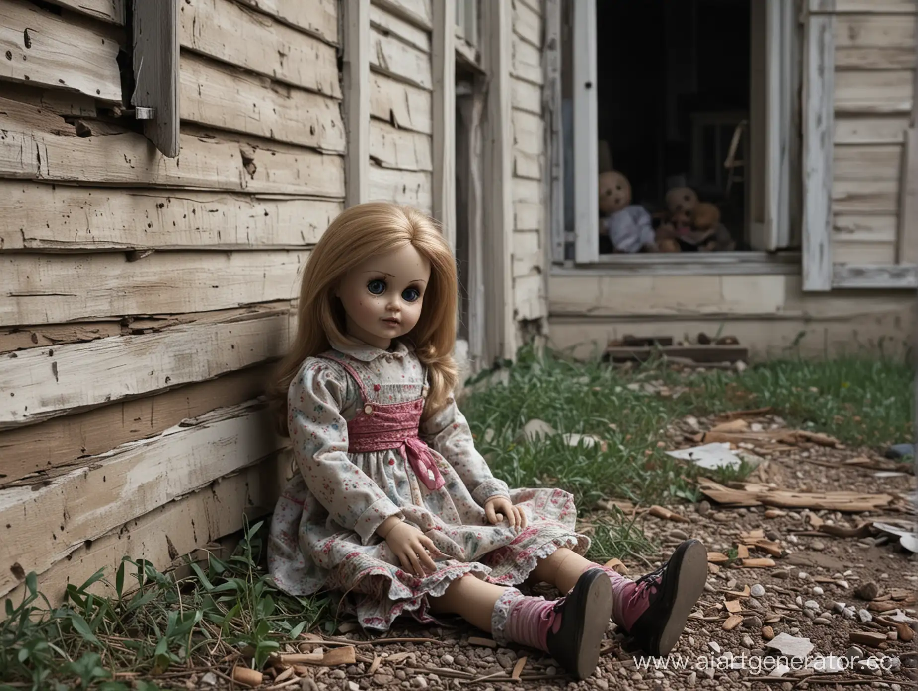 страшный фильм, страшная кукла сидит на против заброшенного частного дома