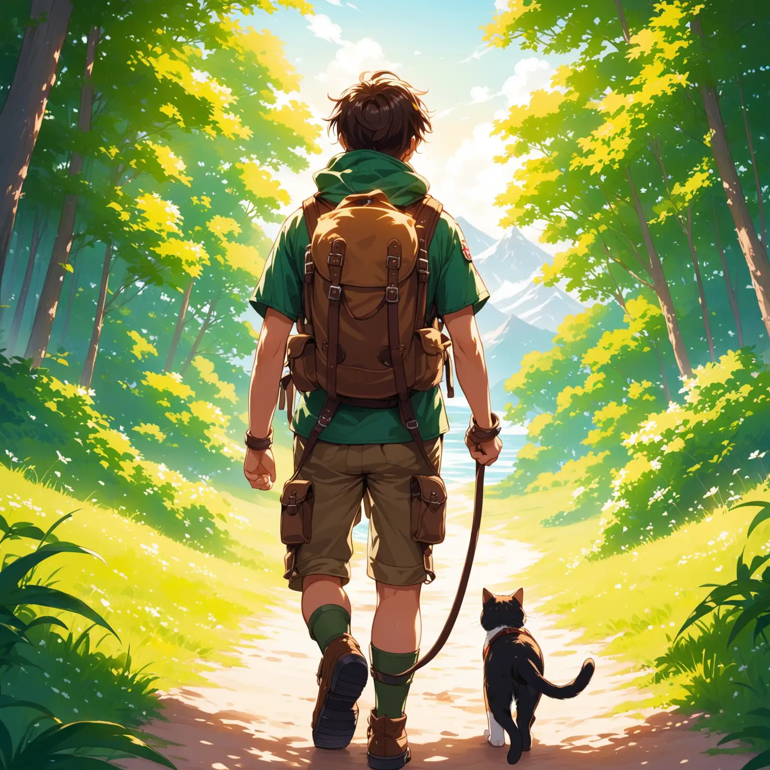 An adventurer with their pet cat off on their next adventure 