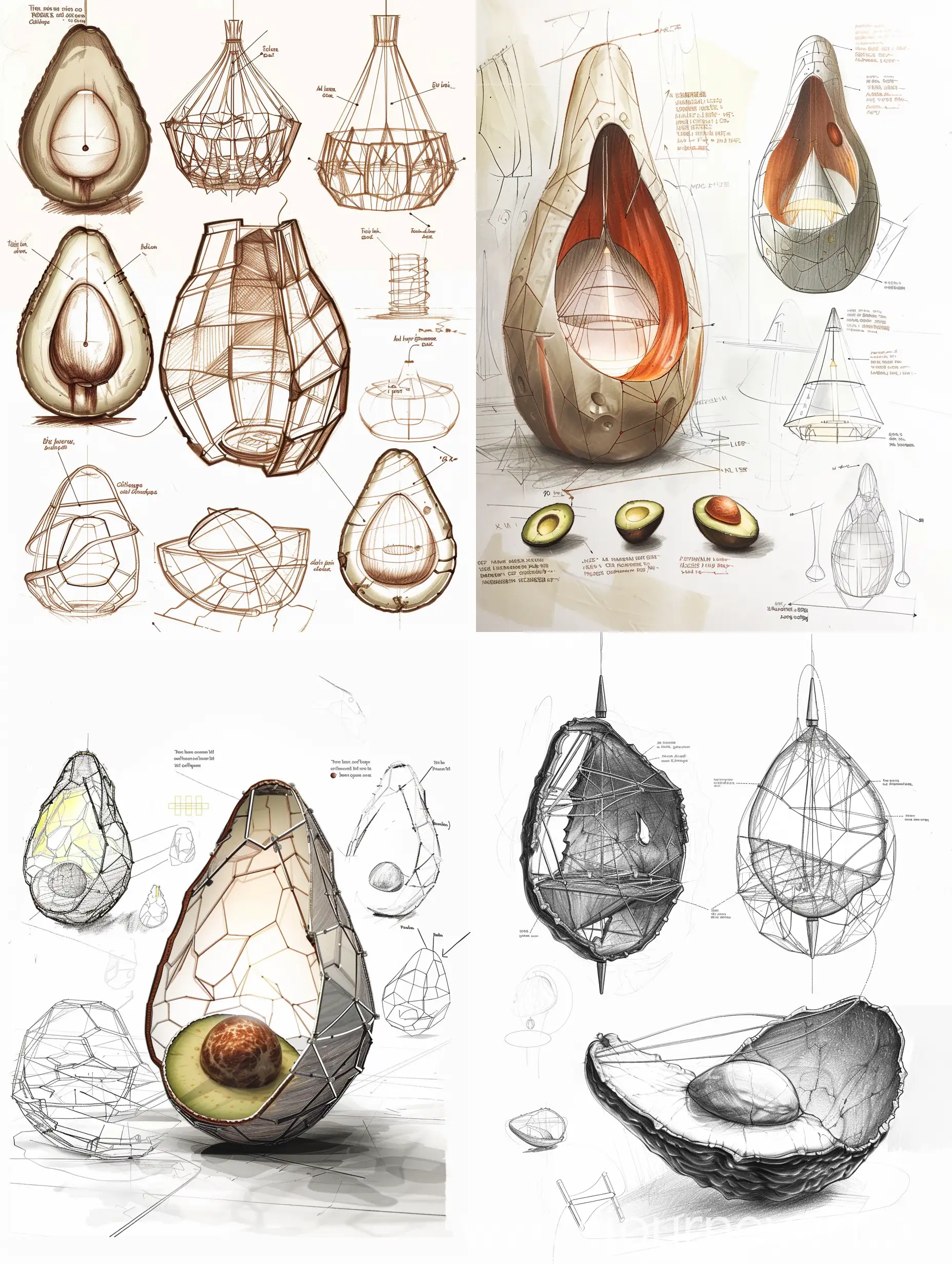 To extract the elements from the avocado, half the pit can be used as a lamp, and the half without the pit can be used as a store,
Bionic morphological evolution
Process, content: form source, form change, deliberation, summary process, how to draw lamps (table lamps, chandeliers
(wall lamp), drawing reference, product design sketch, white background, front view, side view, back view, wire frame, do not need text, different angles of the sketch, do not use any color, pencil line manuscript, each scheme needs to present the form source and intention, shape change deliberation process; And the means to reconstruct and evolve the initial body form. The content includes the source of form, the change of form, the elaboration and the generalization process