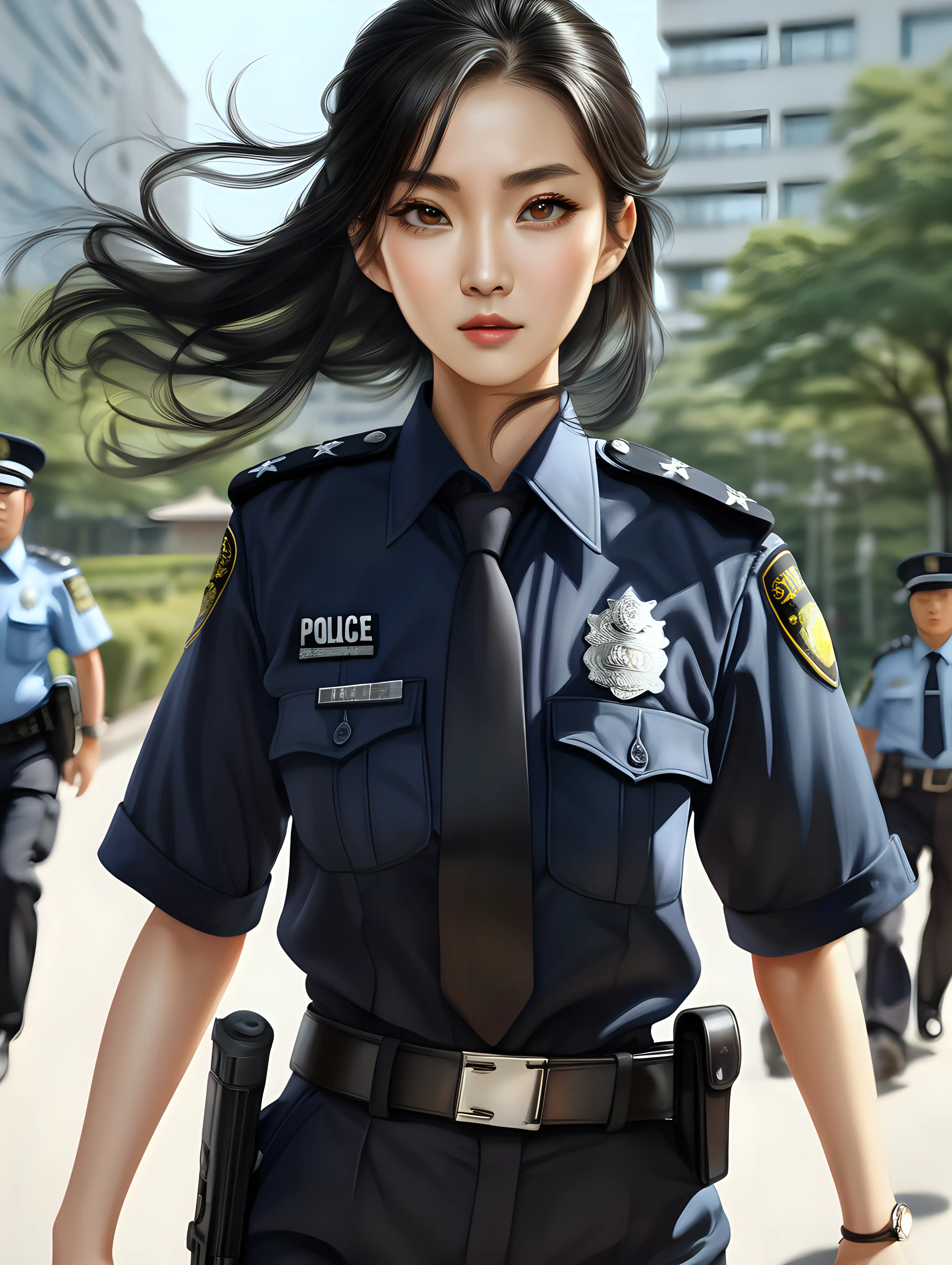 Fiery Chinese Policewoman Chasing Criminals in HD 4K Under Summer Sunlight